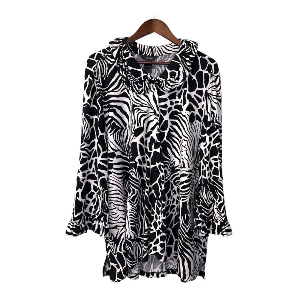 Ali Miles liquid knit top women's XL black white wire collar ruffle cuff artsy